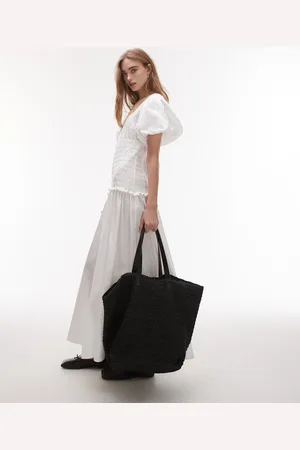 Topshop Puff sleeve square neck shirred midi dress in
