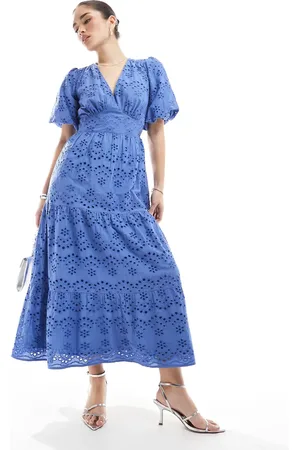 Lovedrobe Broderie puff sleeve tiered midi dress in indigo
