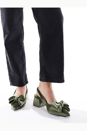 ASOS Wide Fit Symphony bow slingback mid block heeled shoes in sage velvet - PISTACHIO