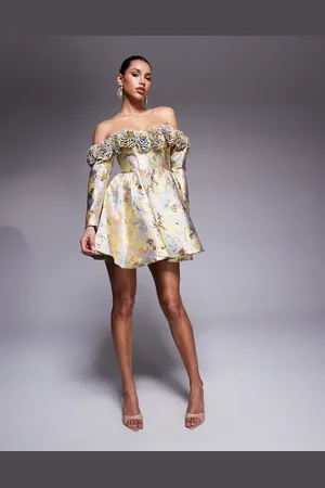 ASOS Jacquard off shoulder 3D floral skater mini dress in and pastel floral