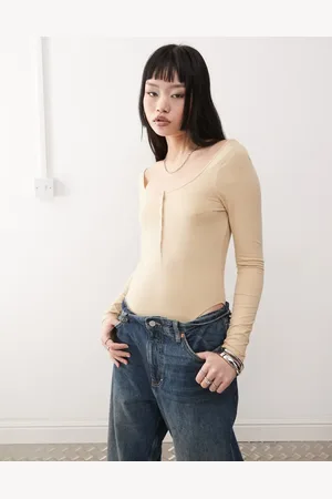 Monki Long sleeve bodysuit with button detail in ecru