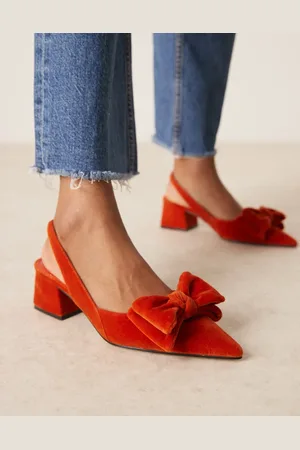 ASOS Symphony bow slingback mid block heeled shoes in rust velvet