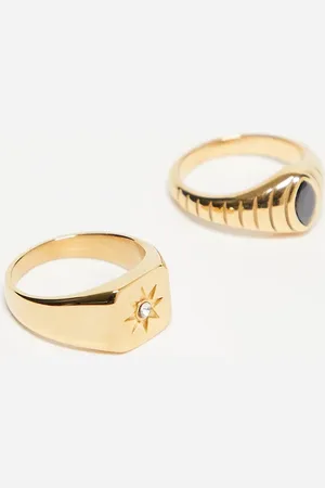 ASOS 2 pack waterproof stainless steel signet rings with crystal in tone