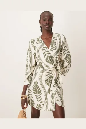 JDY Wrap kimono dress beige with khaki palm print