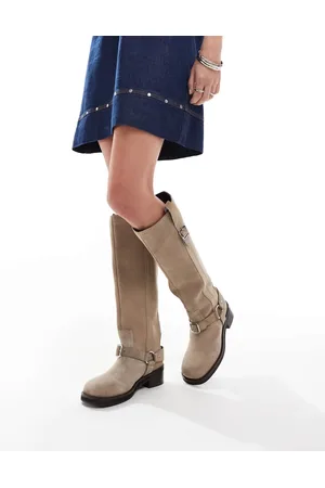 ASOS Cora suede harness biker knee boots in taupe