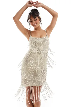 ASOS Scoop neck crochet fringe embellished mini dress with asymmetric hem in cream