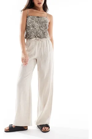 Bershka Tie waist wide leg linen rich trousers in sand