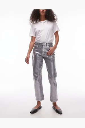 Topshop Mid rise straight cropped silver foil jean in