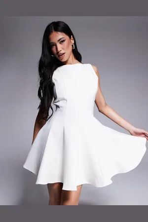 Rare Fashion London structured straight neck pleated skater mini dress in cream