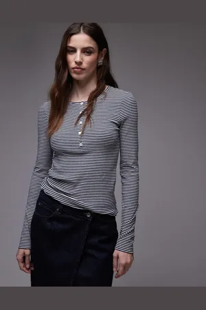 ARKET Jersey long sleeve top with button placket in mono stripes