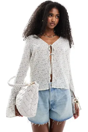 Brave Soul Tie front ditsy print blouse in off