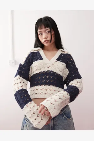 Monki Open stich knitted polo in black & beige