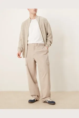 ASOS Smart wide leg cargo trousers in stone with elasticated waist