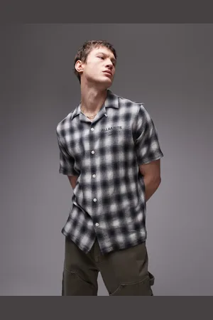 AllSaints Underground short sleeve shirt with back print in black check