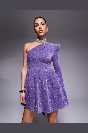 ASOS Sequin one shoulder skater bow back mini dress in lilac