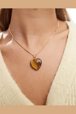 ASOS Necklace with real tigers eye heart pendant in tone