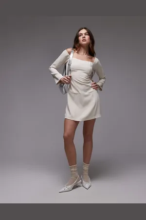Nialaya Moira structured off-shoulder long sleeve mini dress in stone