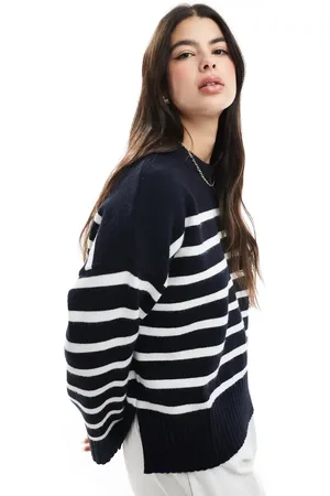 Bershka Chunky crew neck jumper in navy & ecru stripe
