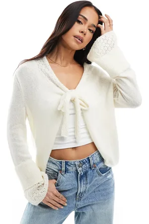 Miss Selfridge Tie front cardigan with fluted sleeve in cream