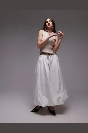 Nialaya Victoria contrast waistband midi puffball skirt in and taupe