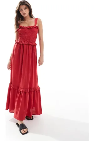 Esmée Esmee Exclusive shirring maxi beach dress with ruffle trim in