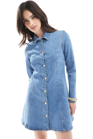 Miss Selfridge Seam detail stretch denim fit and flare long sleeve mini dress