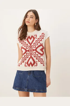 ASOS Knitted crew neck tank with folk print and fringe detail in cream