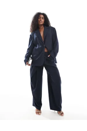 Bershka Wide leg tailored trousers co-ord in navy stripe