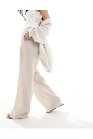 Bershka Tie waist wide leg linen trousers in ecru stripe