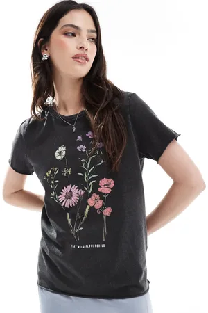 ONLY Acid wash floral bouquet print t-shirt in