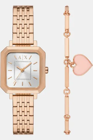 Armani Exchange Three-hand rose -tone stainless steel watch and bracelet set in rose
