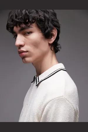 Topman Knitted towelling polo with tipping in cream