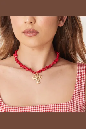 DesignB London Natural stone necklace with cross pendant in and gold