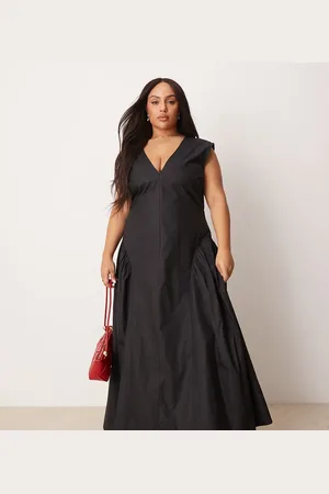 ASOS ASOS DESIGN Curve clean v neck midi dress with pleated godet hem in black