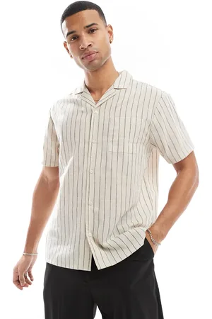 Another Influence Striped linen short sleeve shirt in sand and navy