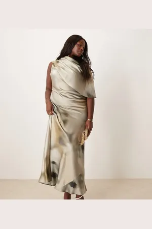 ASOS ASOS DESIGN Curve satin maxi dress slashed neck cape detail in smoked floral