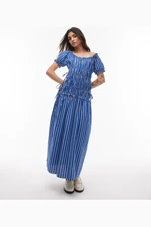 Topshop Cap sleeve shirred dress with tie sides in stripe