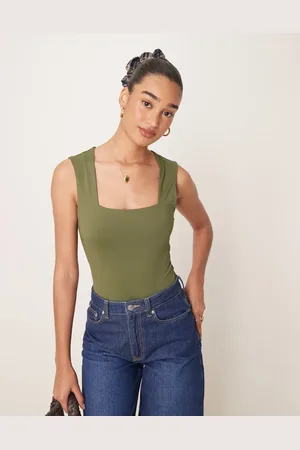 New Look Square neck slinky bodysuit in khaki