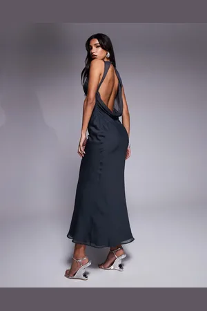 ASOS Asymmetric neckline midaxi dress with draped back detail in slate