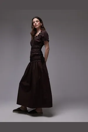 Topshop Cap sleeve shirred dress with tie sides in with contrast black ties