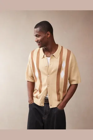 ASOS Relaxed boxy fit knitted button through polo with argyle pattern in beige