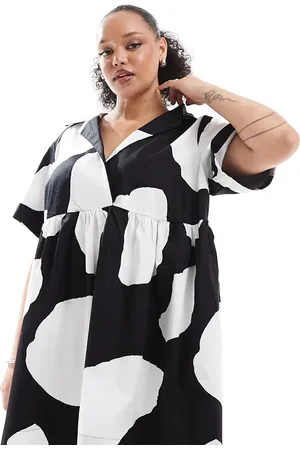 ASOS ASOS DESIGN Curve corset hem mini shirt dress with revere collar in mono smudge print