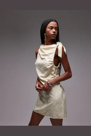 Topshop Tie shoulder jacquard mini dress in buttermilk