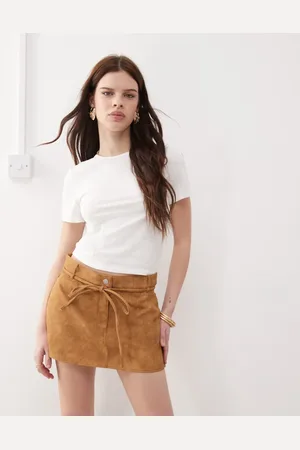 Monki Monk western faux suede low waist mini skirt with tie waist detail in tan