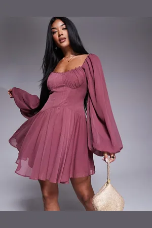 ASOS Puff sleeve chiffon lace up mini skater dress in berry