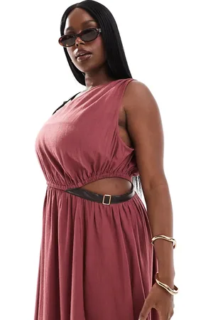 ASOS ASOS DESIGN Curve one shoulder textured midi dress pu trim detail in burgundy