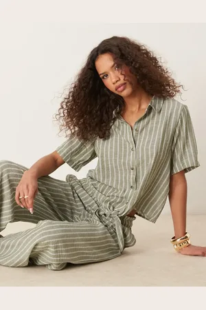 JDY Knot front shirt co-ord in sage stripe
