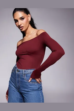 ASOS Off shoulder bodysuit with under bust detail in burgundy