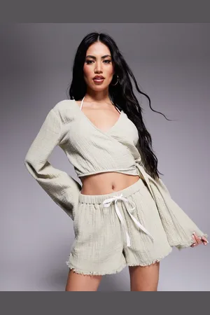 ASOS Callie cheesecloth frayed beach short in washed sage
