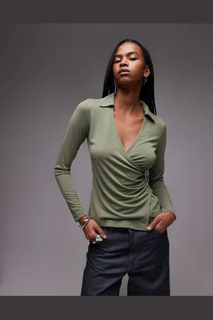 Topshop Cupro long sleeve wrap top in
